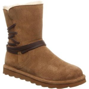 Bearpaw lined boots with leather cord strapping